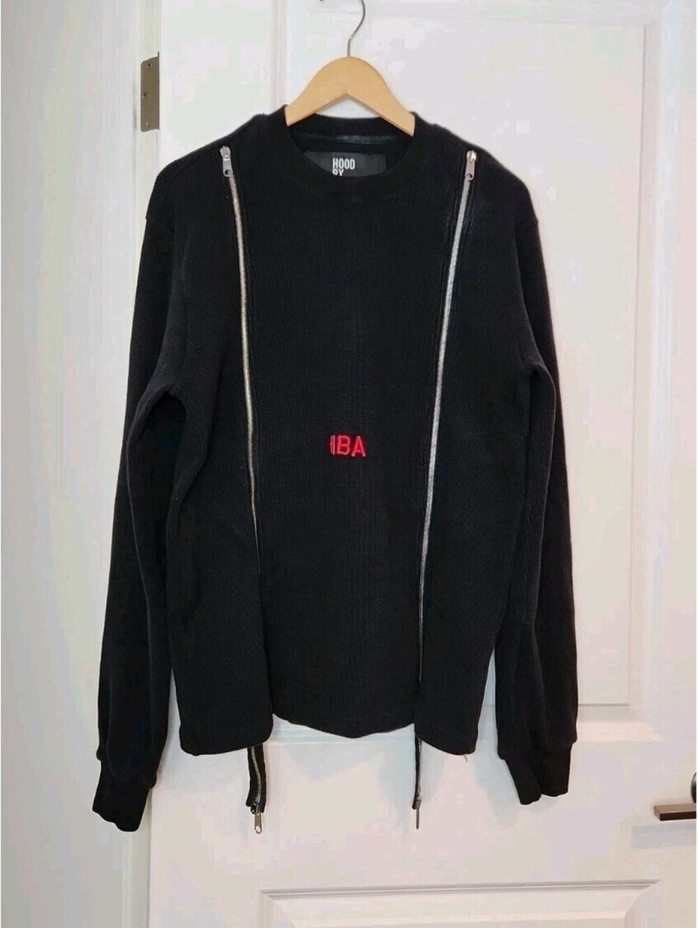 Hood By Air HBA Thermal Waffle Crewneck Sweatshirt S Blk Zip Detail Thick RARE